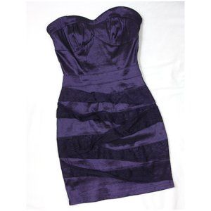 Mandee Purple Stretch Bodycon Lacey Lace Purple Satin Strapless Mini Dress Sm